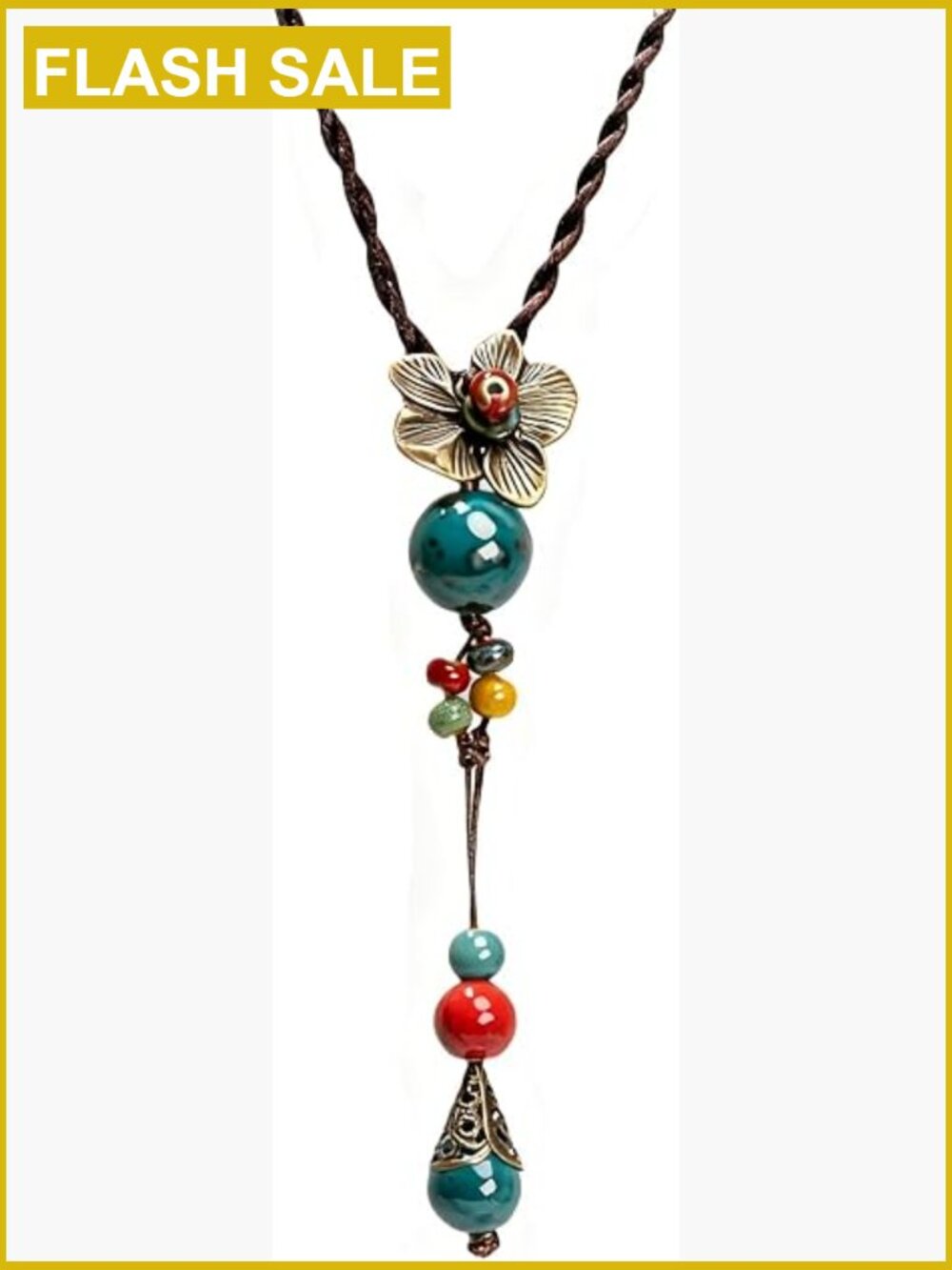 Vintage Ceramic Bead Long Pendant Necklace - Bohemian Y-Drop